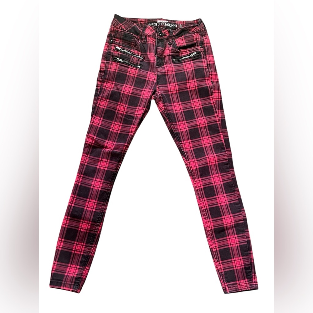 HT Denim Hi-Rise Super Skinny Red and Black Plaid Jeans